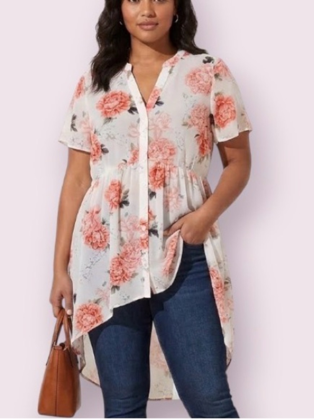 Torrid Lexie Babydoll Chiffon Tunic High Low White & Pink Floral Size 10/ 00